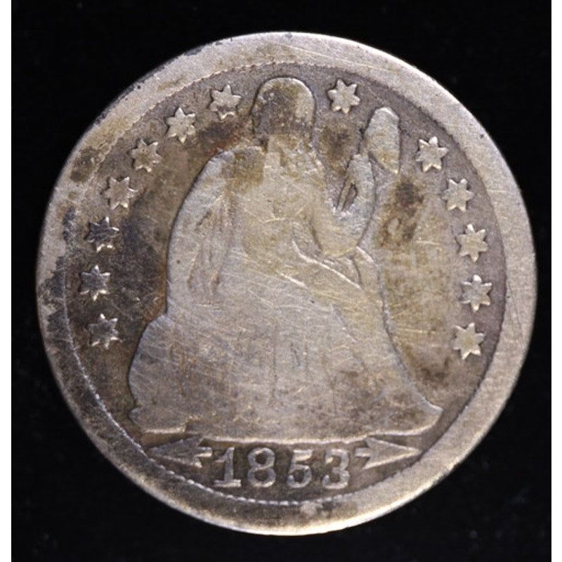 1853 Seated Liberty Dime Arrows Silver Coin Obverse