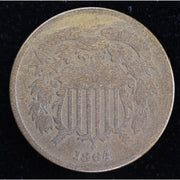 Reverse of 1864 United States Two Cent Piece showing 2 CENTS within wreath, exact raw coin