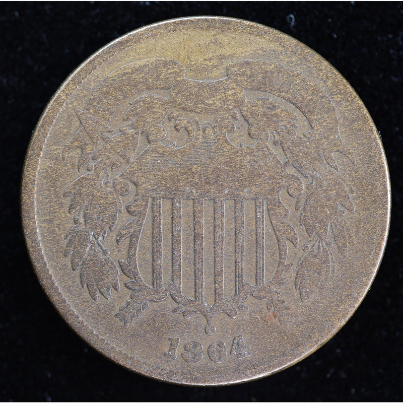Reverse of 1864 United States Two Cent Piece showing 2 CENTS within wreath, exact raw coin