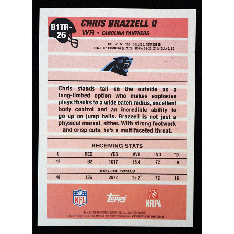 2026 Topps Flagship Chris Brazzell II RC 1991 Topps 91TR-26 Football back