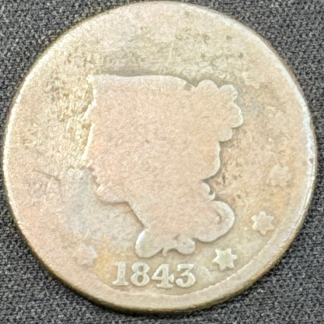 1843 Braided Hair Large Cent obverse VG details corroded copper