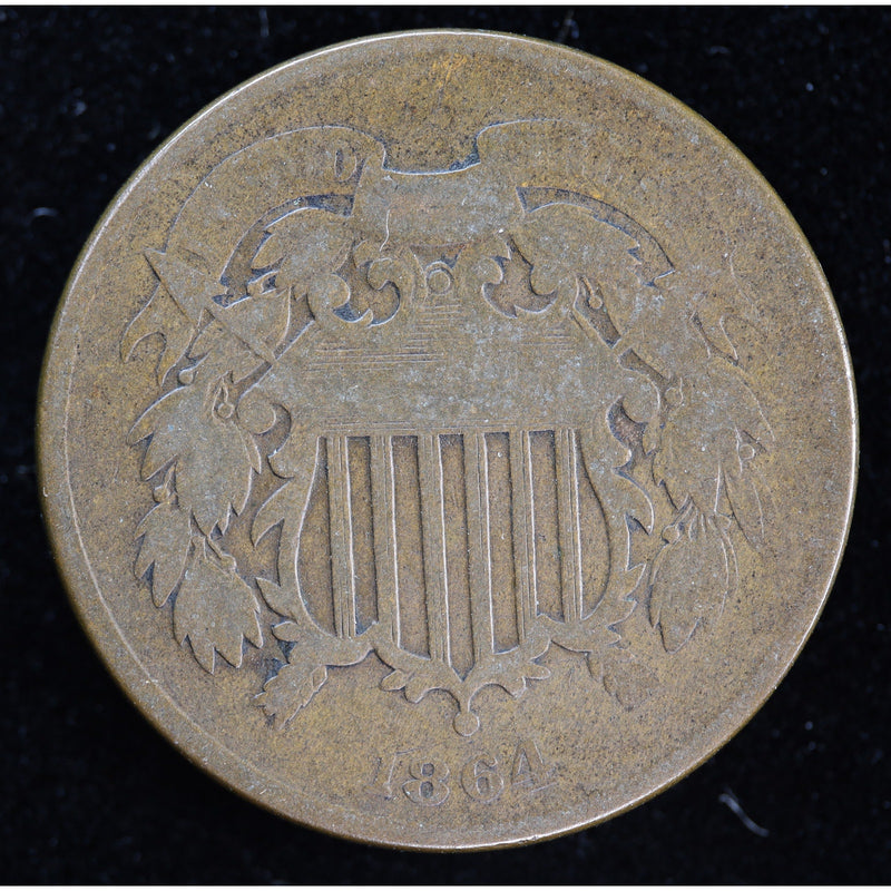 Reverse of 1864 United States Two Cent Piece showing 2 CENTS within wreath, exact raw coin