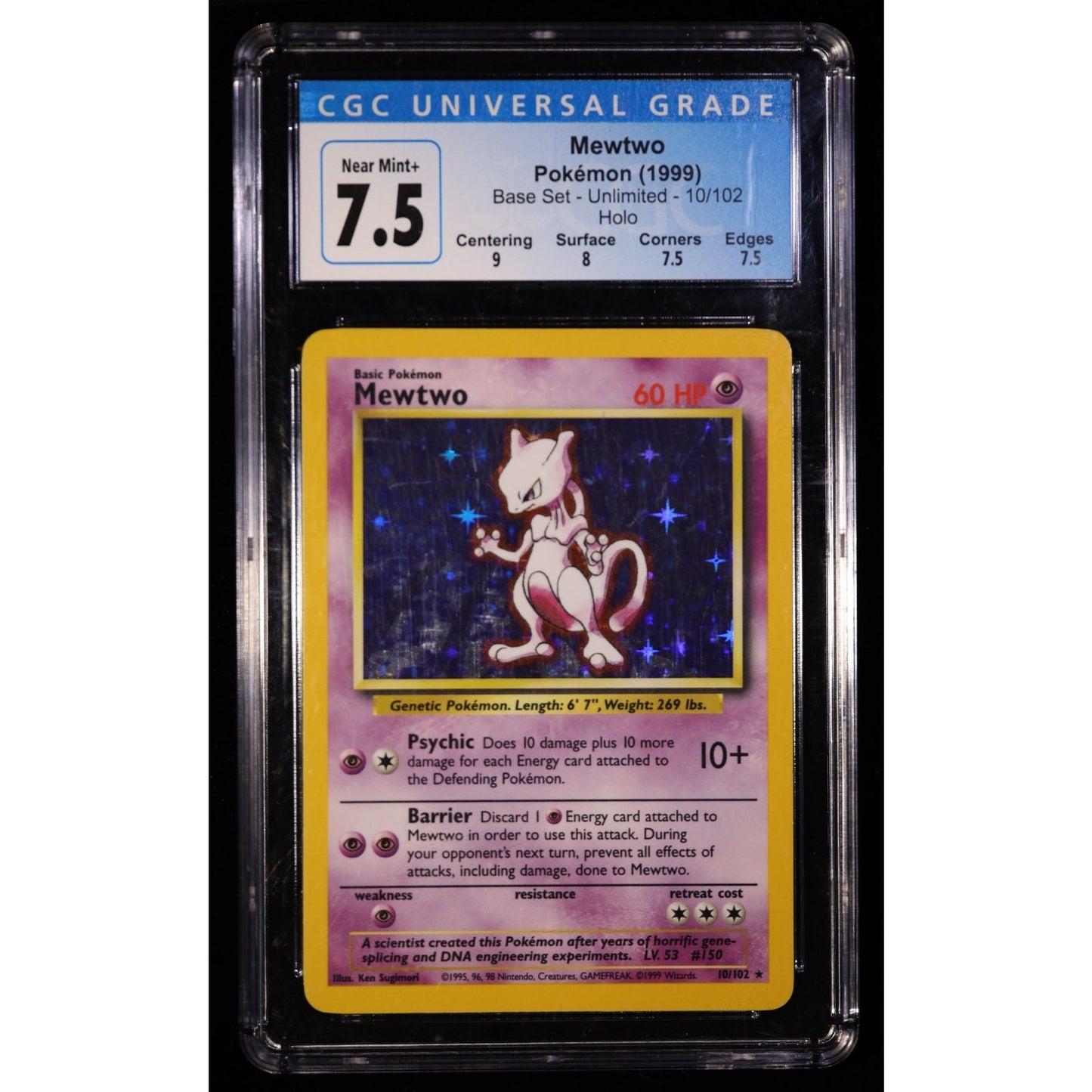1999 Pokemon Base Set Mewtwo Holo 10/102 CGC 7.5 Near Mint+
