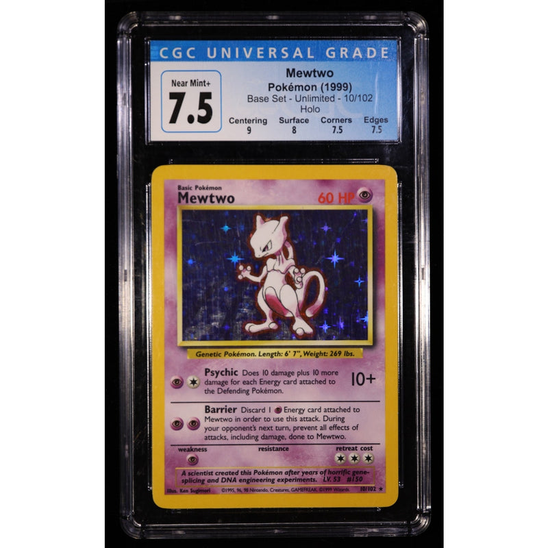 1999 Pokemon Base Set Mewtwo Holo 10/102 CGC 7.5 Near Mint+
