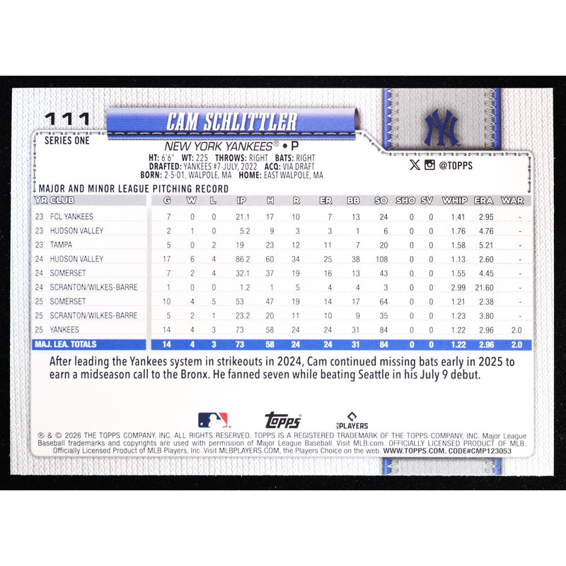 2026 Topps Celebration Cam Schlittler RC #111 Confetti Foil – Near Mint