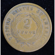 Obverse of 1865 United States Two Cent Piece showing shield and IN GOD WE TRUST motto, exact raw coin