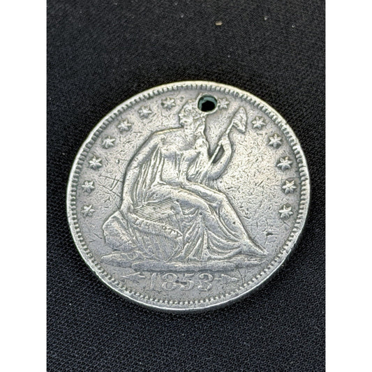 1853 Seated Liberty Half Dollar obverse holed detail

