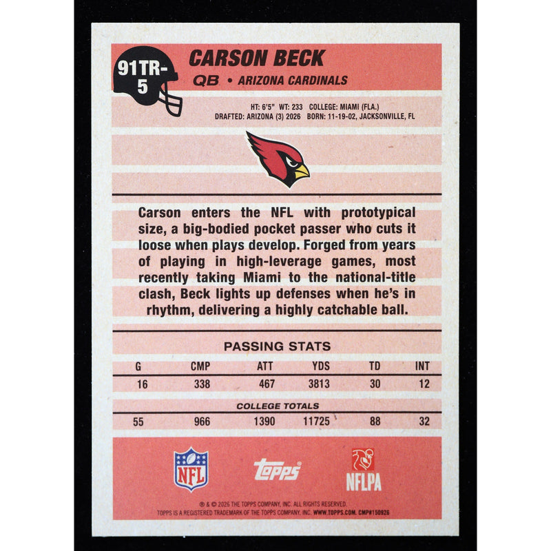 2026 Topps Flagship Carson Beck RC 1991 Topps 91TR-5 Football back