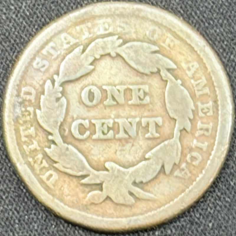 1843 Braided Hair Large Cent reverse VG details corroded copper