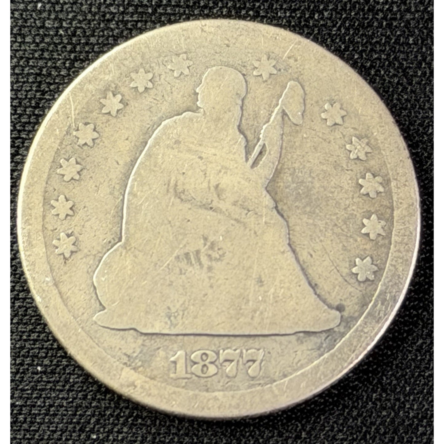1877 S Seated Liberty Quarter obverse early silver 25C coin