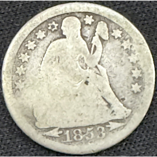 1853 Arrows Seated Liberty Dime obverse early silver coin