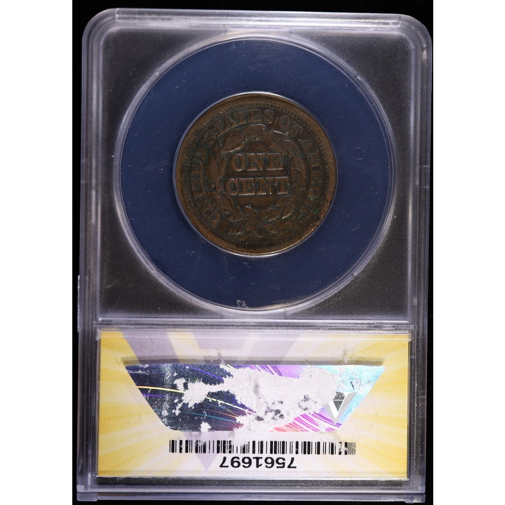 1853 Braided Hair Large Cent ANACS F15 Details Environmental Damage Reverse
