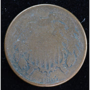 Reverse of 1866 United States Two Cent Piece showing 2 Cents wreath design and verdigris