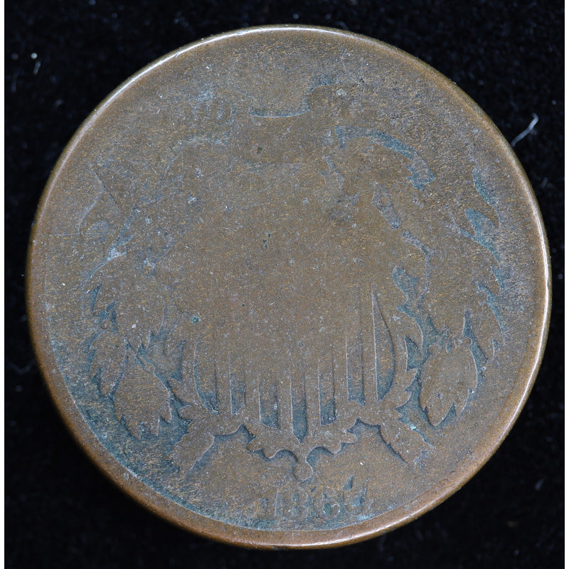Reverse of 1866 United States Two Cent Piece showing 2 Cents wreath design and verdigris