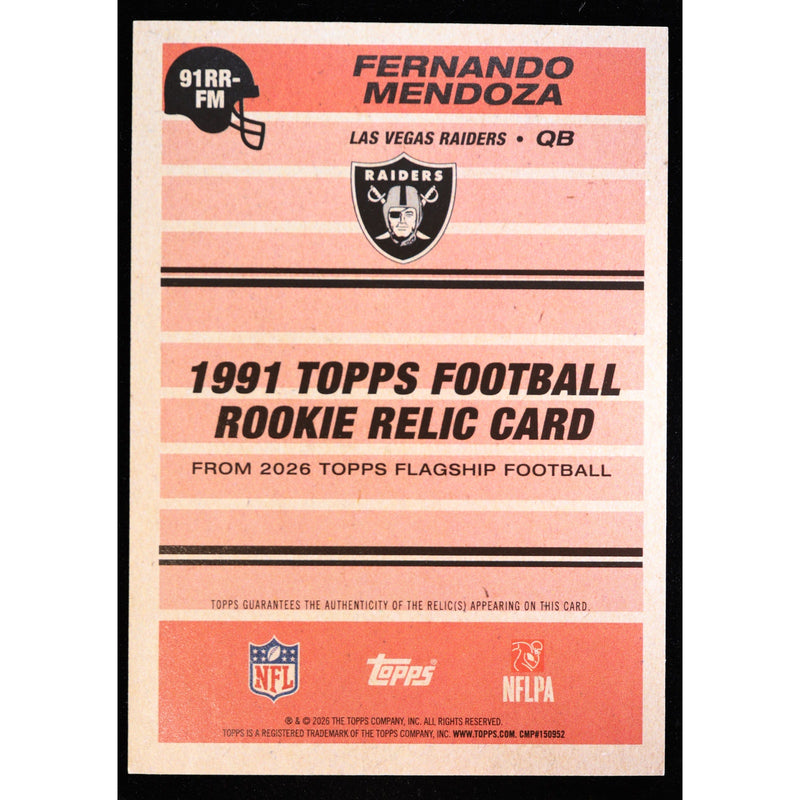 2026 Topps Fernando Mendoza RC 1991 Rookie Relic 91RR-FM – Near Mint