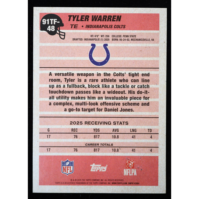 2026 Topps Flagship Tyler Warren 1991 Topps 91TF-48 Colts Football back