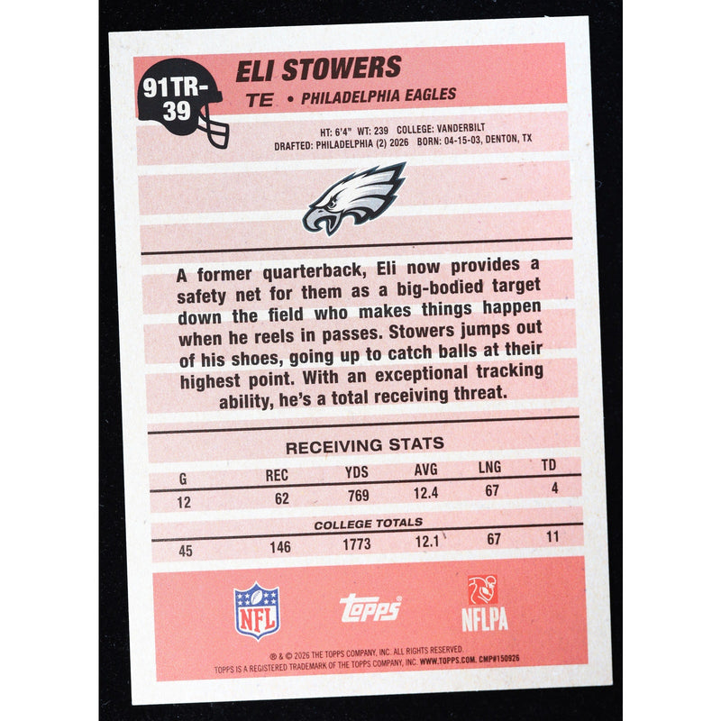 2026 Topps Flagship Eli Stowers RC Crackle Foil 91TR-39 — Near Mint