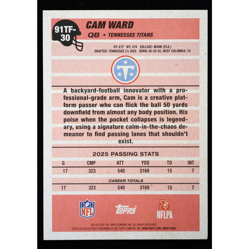 2026 Topps Flagship Cam Ward 1991 Topps 91TF-30 Football back