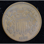 Reverse of 1865 United States Two Cent Piece showing 2 CENTS within wreath, exact raw coin