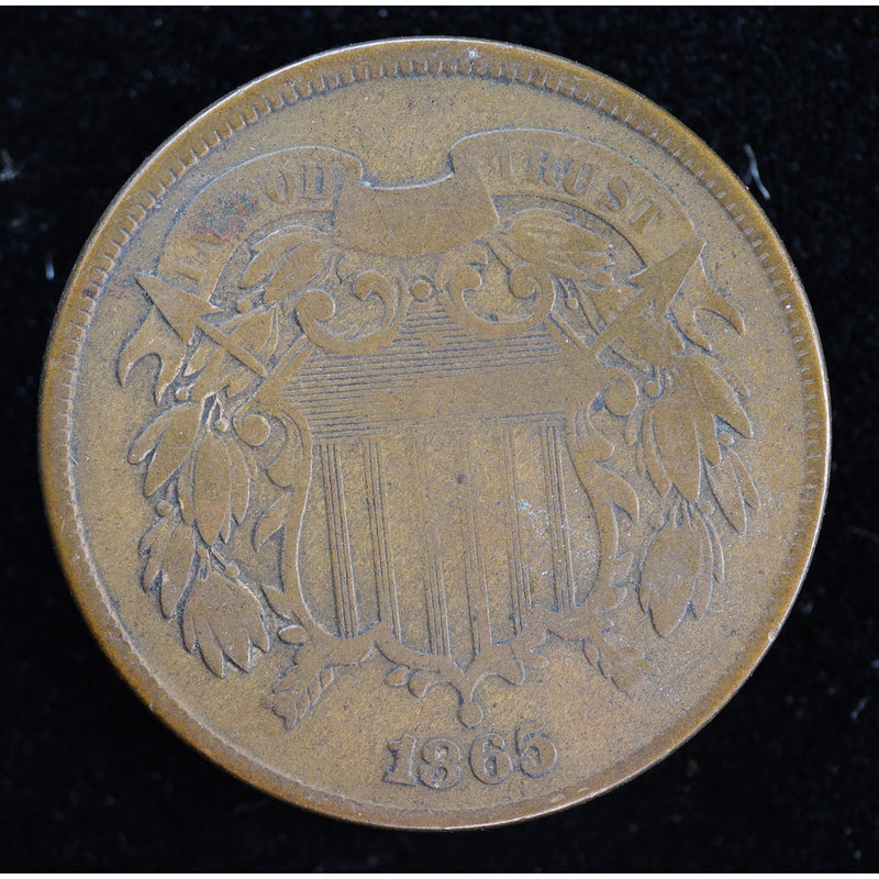 Reverse of 1865 United States Two Cent Piece showing 2 CENTS within wreath, exact raw coin