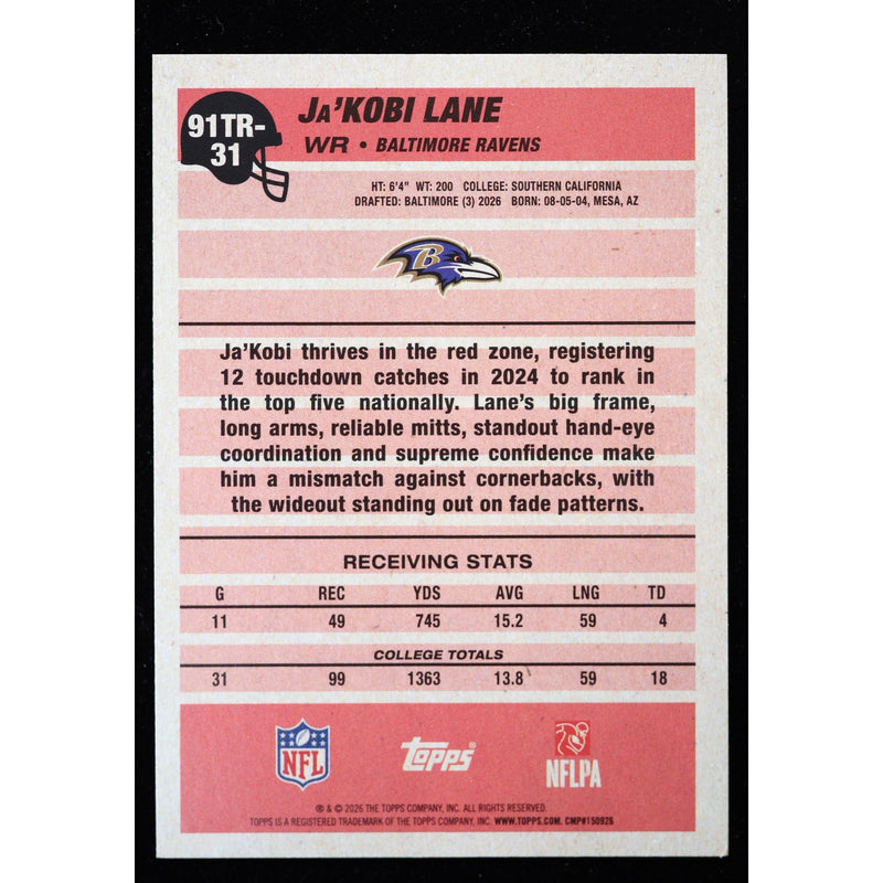 2026 Topps Flagship Ja'Kobi Lane RC 1991 Topps 91TR-31 Ravens Football back