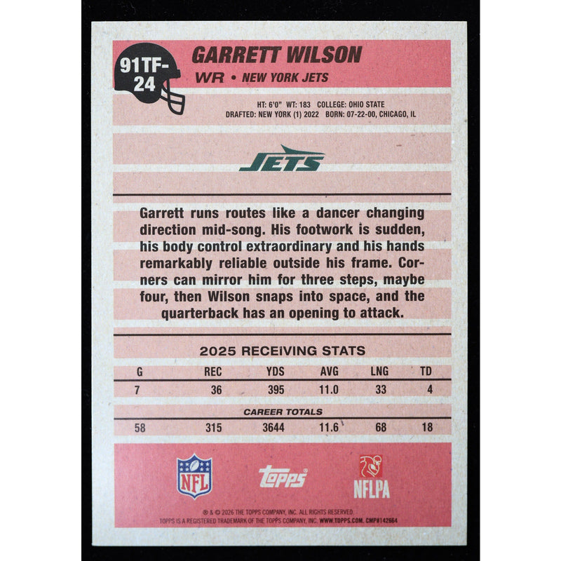 2026 Topps Flagship Garrett Wilson 91TF-24 Crackle Foil Jets Football back