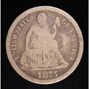 1875 CC Seated Liberty Dime Carson City Silver Coin Obverse