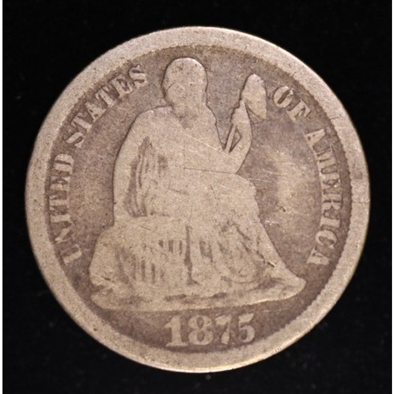 1875 CC Seated Liberty Dime Carson City Silver Coin Obverse
