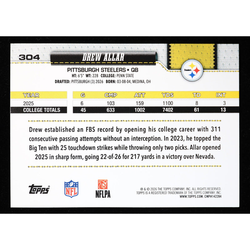 2026 Topps Flagship Drew Allar RC #304 Sandglitter Foil Football back