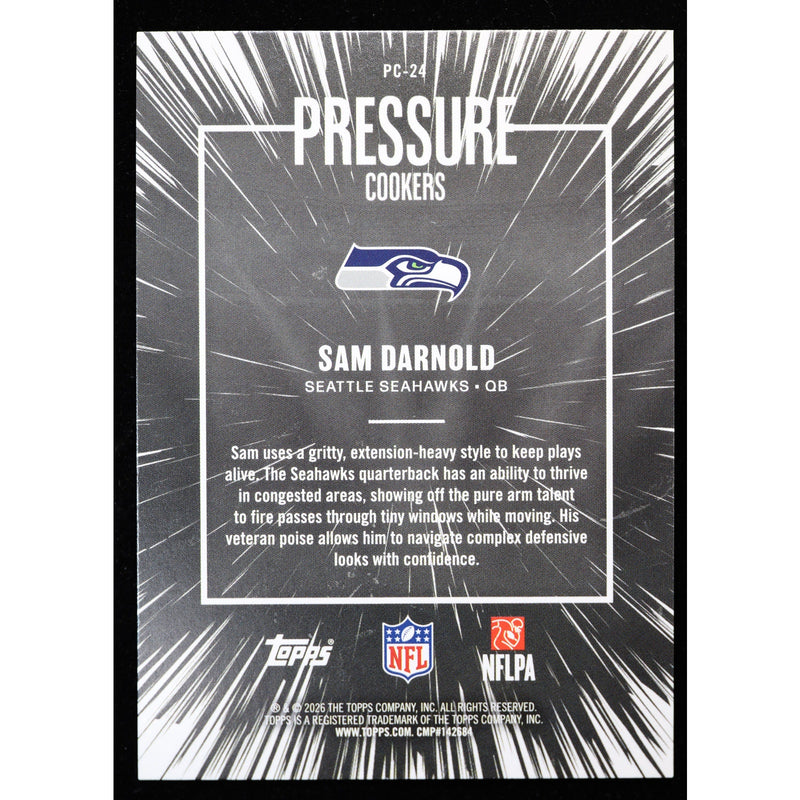 2026 Topps Flagship Sam Darnold Pressure Cookers PC-24 Pink Crackle Foil back