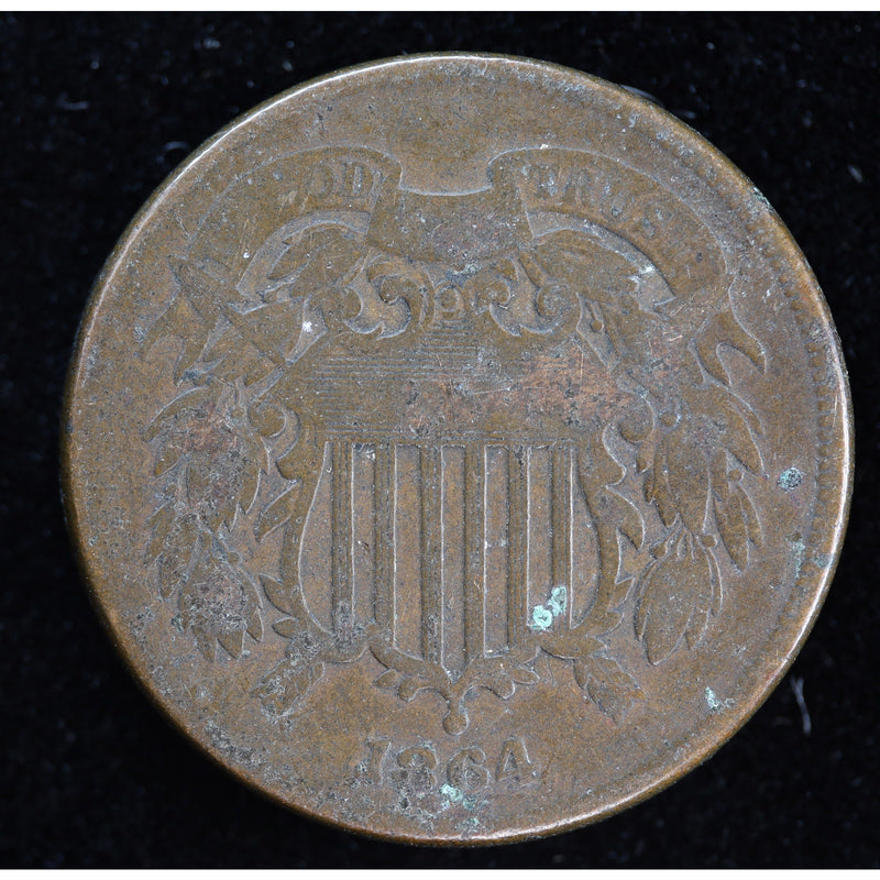 Reverse of 1864 United States Two Cent Piece showing 2 CENTS, wreath, wear, and verdigris